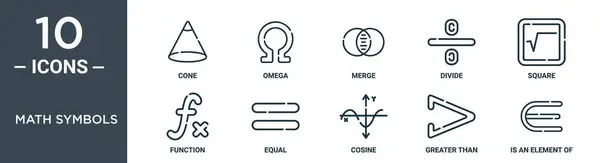 Matematik sembolleri ana hat simge kümesi ince çizgi koni, omega, birleştirme, bölme, kare, fonksiyon, rapor, sunum, diyagram, web tasarımı için eşit simgeler içerir