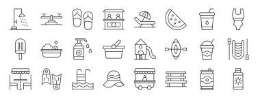 Duş, tahterevalli, parmak arası terlik, bilet ofisi, gevşeme, karpuz, rapor için içme vektör simgeleri, sunum, diyagram, web tasarımı, mobil uygulama gibi 24 ana hatlı web parkı simgesi seti