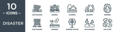 Afet ana hatları simgesi seti arasında ince çizgi şeklinde depremler, yanma, sel, orman yangını, ısınma, depremler, rapor için ısınma ikonları, sunum, diyagram, web tasarımı yer alıyor