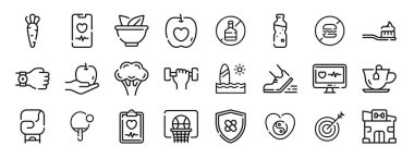 Havuç, tıbbi uygulama, bitkisel, alkol yok, maden suyu yok, rapor için fast food vektör simgeleri yok, sunum, diyagram, web tasarımı, mobil uygulama gibi 24 ana hatlı sağlıklı yaşam ikonu seti