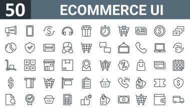 Megafon, akıllı telefon, para, kulaklık, hediye, teslimat zamanı gibi 50 ana hatlı web ekommerce ui simgesi seti, rapor, sunum, diyagram, web tasarımı, web tasarımı için sepet vektör ince simgeleri kaldırılır,