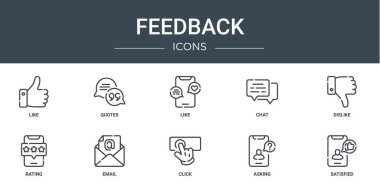 Rapor, sunum, diyagram, web tasarımı, mobil uygulama gibi 10 ana hatlı web geribildirim simgesi seti, tırnak içinde, sohbet, hoşlanmama, derecelendirme, e-posta vektör simgeleri