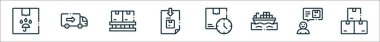 Teslimat çizgisi simgelerinin ana hatları. Kutu, dolum, palet, sipariş, teslimat zamanı, kargo gemisi, destek, kutular gibi doğrusal vektör simgeleri