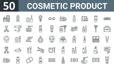 Soyunma masası, sprey, tırnak cilası, el aynası, kirpik, gece kremi, temel vektör ikonları rapor, sunum, diyagram, web gibi 50 ana hatlı web ürünleri ikonu