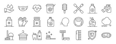 Su, maske, kalp atışı, çöp tenekesi, saç fırçası, pamuk çubuğu, raporlama, sunum, diyagram, web tasarımı, mobil uygulama gibi 24 ana hatlı web hijyen ikonu seti
