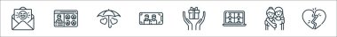 Arkadaşlık çizgisi simgelerinin ana hatları. harf, sosyal ağ, şemsiye, selfie, mevcut, video, arkadaşlar, kırık kalp gibi doğrusal vektör simgeleri