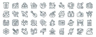 Onigiri, mektup, bank, sakura, bilet, kamera, rapor için çay ikonları, sunum, diyagram, web tasarımı, mobil uygulama gibi 40 ana hatlı web sakura festivali ikonu