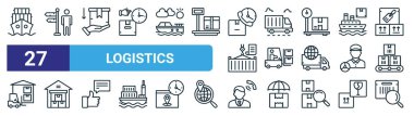 Kargo gemisi, kırılgan kutu, kargo kamyonu, forklift, depo, müşteri desteği, internet tasarımı için barkod vektör ince çizgi simgeleri, mobil uygulama gibi 27 ana hatlı lojistik ikonu seti.