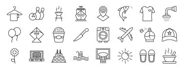 Rapor için elbise askısı, bowling, gemi, harita konumu, balık, t-shirt vektör simgeleri, sunum, diyagram, web tasarımı, mobil uygulama gibi 24 ana hatlı tatil simgesi seti