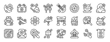 Hanami, takvim, konfeti, fener, biwa, don 't pick, rapor için çay vektör simgeleri, sunum, diyagram, web tasarımı, mobil uygulama gibi 24 ana hatlı web sakura festival simgesinden oluşan bir set