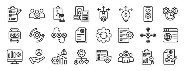 planlama, hedef kitle, strateji, bütçe, dağıtım, fırsatlar, rapor için mobil geliştirme vektör simgeleri, sunum gibi 24 ana hatlı web işletme ikonu seti,