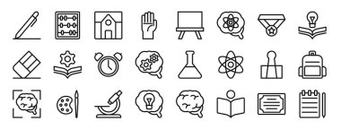 Rapor için kalem, abaküs, okul, el kaldırma, tahta, beyin, madalya vektör simgeleri, sunum, diyagram, web tasarımı, mobil uygulama gibi 24 ana hatlı web seti