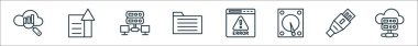 Bulut hesaplama ağ çizgisi simgelerinin ana hatları. istatistik, gönderme, sunucu, dizin, hata, sabit disk, ethernet, bulut sunucusu gibi doğrusal vektör simgeleri