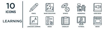 Rapor, sunum, diyagram, web tasarımı gibi ince çizgi kalem, spor, ses kitabı, not, öğretim, kitap, dil öğrenme simgeleri
