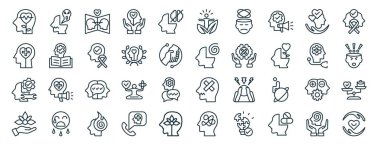 Şizofreni, zihinsel bakım, psikoterapi, terapi, psikiyatri, farkındalık günü, rapor, sunum, diyagram, web tasarımı gibi 40 ana hatlı zihinsel sağlık ikonu seti,