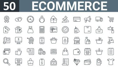 Rozet, indirim, saat, yüzük, dağıtım kutusu, hukuk, banka kartı, rapor için ince ikonlar, sunum, diyagram, web tasarımı, mobil uygulama gibi 50 ana hatlı web ekommerce simgesi seti.