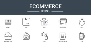 Para, kutu, hediye, banka kartı, yüzük, dağıtım kutusu, rapor için vektör simgeleri, sunum, diyagram, web tasarımı, mobil uygulama gibi 10 ana hatlı ekom simgesi seti