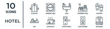 İnce çizgili asansör, lavabo, terlik, kahve fincanı, kapı askısı, bornoz, rapor için spa simgeleri, sunum, diyagram, web tasarımı gibi otel tasarımı simgeleri