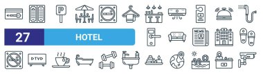 Kart anahtarı, menü, park yeri, klima, kanepe, televizyon, spa, CCTV vektör çizgisi simgeleri gibi 27 ana hatlı otel simgesi seti web tasarımı için mobil uygulama.