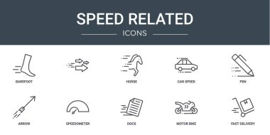Rapor, sunum, diyagram, web tasarımı, mobil uygulama gibi 10 ana hatlı web hız simgesi seti: Yalınayak, at, araba hızı, kalem, ok, hız ölçer vektör simgeleri