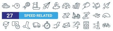 Otomobil hızı, saat, ppc, doktorlar, çekici, video, posta, bicylce vektör ince çizgi simgeleri gibi 27 ana hatlı web hız simgesi seti web tasarımı için mobil uygulama.