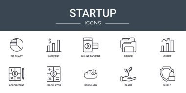 Rapor, sunum, diyagram, web tasarımı, mobil uygulama gibi 10 ana hatlı web başlangıç simgesi seti, artır, çevrimiçi ödeme, dizin, grafik, muhasebeci, hesap makinesi vektör simgeleri