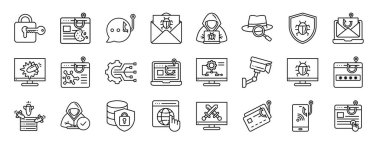 Güvenlik, hırsızlık, sohbet, e-posta, hacker, beyaz şapka, rapor için güvenlik vektör simgeleri, sunum, diyagram, web tasarımı, mobil uygulama gibi 24 ana hatlı hacker etkinlik simgesi seti