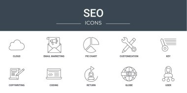 Rapor, sunum, diyagram, web tasarımı, mobil uygulama gibi 10 ana hatlı web seo simgesi seti, e- posta pazarlama, pasta grafiği, kişiselleştirme, anahtar, kopyalama, kodlama vektör simgeleri