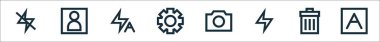 Kamera ui çizgi simgelerinin ana hatları. flaş gibi doğrusal vektör simgeleri, kapat, otomatik flaş, göstergeler, kamera, flaş, silme, otomatik odaklanma