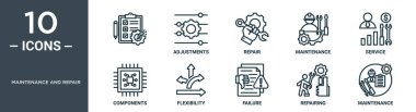 bakım ve onarım simgesi seti ince çizgi, ayarlamalar, onarım, bakım, servis, bileşenler, rapor için esneklik simgeleri, sunum, diyagram, web tasarımı