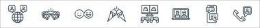 Arkadaşlık çizgisi simgelerinin ana hatları. ağ, bira, sonsuza kadar, dondurma, oyun, video çağrısı, mesaj, el gibi doğrusal vektör simgeleri