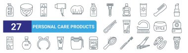 Şampuan, allık, saç spreyi, ağız gargargarası, saç kremi, parfüm, saç fırçası, elektrikli tıraş makinesi, web tasarımı için ince çizgi ikonu, mobil