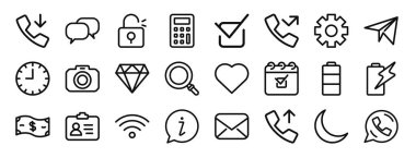 Çağrı, sohbet balonu, açma, hesap makinesi, doğru işaret, cevapsız arama, rapor için vites vektör simgeleri, sunum, diyagram, web tasarımı, mobil uygulama gibi 24 kullanıcı arayüzü simgesi seti