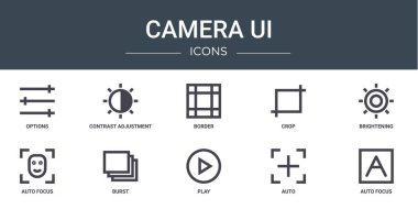 Seçenekler, karşıtlık ayarlama, sınır, kırpma, parlaklık, otomatik odaklanma, rapor için patlama vektör simgeleri, sunum, diyagram, web tasarımı, mobil uygulama gibi 10 ana hatlı ui simgesi kümesi