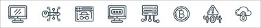 İnternet siber hat simgelerinin ana hatları. Bilgisayar, anahtar, kimliksiz, parola, sunucu, bitcoin, hata, bulut depolama gibi doğrusal vektör simgeleri