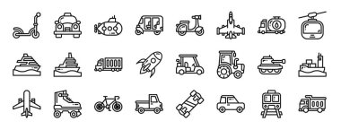 Rapor için scooter, taksi, denizaltı, rickshaw, motosiklet, jet uçağı, petrol kamyonu vektör simgeleri, sunum, diyagram, web tasarımı, mobil uygulama gibi 24 ana hatlı ağ taşıma simgesi seti