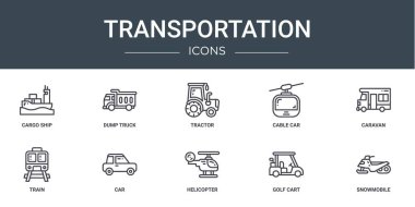 Rapor için kargo gemisi, damperli kamyon, traktör, teleferik, karavan, tren, araba vektör simgeleri, sunum, diyagram, web tasarımı, mobil uygulama gibi 10 ana hatlı taşıma simgesi seti