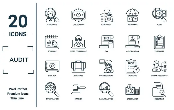 Denetim doğrusal simgesi ayarlandı. rapor, sunum, diyagram, web tasarımı için ince çizgi adayı, program, kasa, soruşturma, belge, vergi, insan kaynakları simgelerini içerir