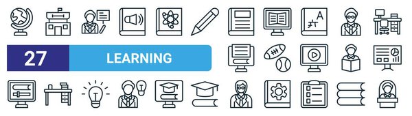 set of 27 outline web learning icons such as stand, campus, teacher, online learning, sports, table, female professor, principal vector thin line icons for web design, mobile app.