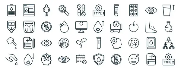 Web tarayıcısı, kan testi, kan testi, kan, ayak, susuzluk, rapor için tip simgeleri, sunum, diyagram, web tasarımı, mobil uygulama gibi 40 ana hatlı web diyabet ikonu seti