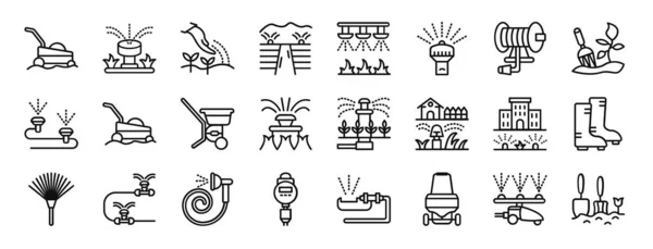 Set Outline Web Automatic Lawn Watering Icons Lawn Mower Water — Stock Vector