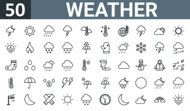 Rapor, sunum, diyagram, web tasarımı, mobil uygulama, taşınabilir uygulama gibi 50 ana hatlı web hava ikonu seti.