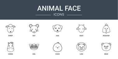 Rapor için koyun, fare, köpek, keçi, horoz, at, baykuş vektör simgeleri, sunum, diyagram, web tasarımı, mobil uygulama gibi 10 ana hatlı hayvan yüzü simgesi seti