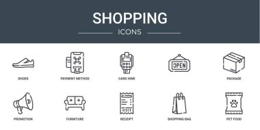 Ayakkabı, ödeme yöntemi, kart parlatma, paket, promosyon, rapor için mobilya vektör simgeleri, sunum, diyagram, web tasarımı, mobil uygulama gibi 10 ana hatlı web alışveriş simgesi seti
