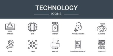 Uyarı, çip, enerji, problem çözme, gamepad, kullanıcı, rapor, sunum, diyagram, mobil uygulama gibi 10 ana hatlı web teknolojisi simgesi seti