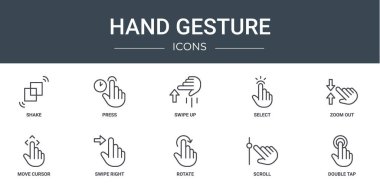Salla, bas, kaydır, yakınlaştır, yakınlaştır, imleci taşı, rapor için sağ vektör simgelerini kaydır, sunum, diyagram, web tasarımı, mobil uygulama gibi 10 ana hatlı el hareketi simgesi seti