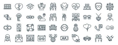 Kırık kalp, yumruk, sonsuzluk, kadın, kolye, bağlantı, rapor için el simgeleri, sunum, diyagram, web tasarımı, mobil uygulama gibi 40 ana hatlı arkadaşlık simgesi