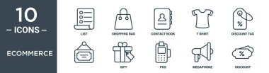 ecommerce ana hat simgesi seti ince satır listesi, alışveriş çantası, iletişim kitabı, t-shirt, indirim etiketi, rapor için hediye simgeleri, sunum, diyagram, web tasarımı