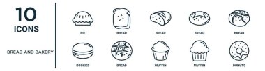 Ekmek ve fırın ana hatları simgesi: İnce çizgi pasta, ekmek, ekmek, kek, çörek, rapor için kurabiye simgeleri, sunum, diyagram, web tasarımı