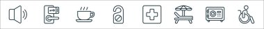 Otel hattı ikonlarının ana hatları. Sessiz, anahtar kartı, kafe, giriş yok, ilk yardım, havuz sandalyesi, güvenlik kutusu, tekerlekli sandalye gibi doğrusal vektör simgeleri